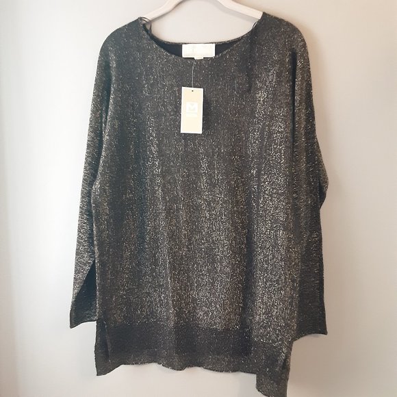 New! Michael Kors Black Gold Metallic Long Sweater Tunic Medium - Picture 1 of 16